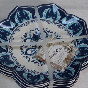 PANAMA JACK MEDALLION MELAMINE SALAD PLATES - BLUE/WHITE - NEW - S/4